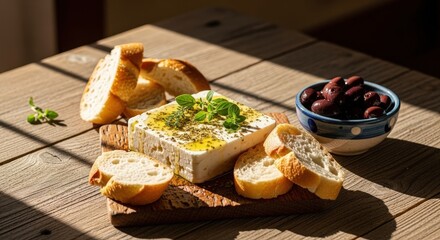 Feta cheese with olive oil, fresh herbs, bread slices, and olives on a wooden table on a bright sunny day
