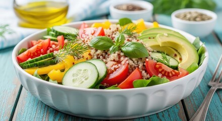 Healthy fresh quinoa salad with colorful vegetables and avocado in a white bowl on a rustic blue wooden surface
