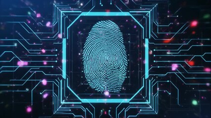 Digital fingerprint scan within a glowing circuit board network technology security - Powered by Adobe