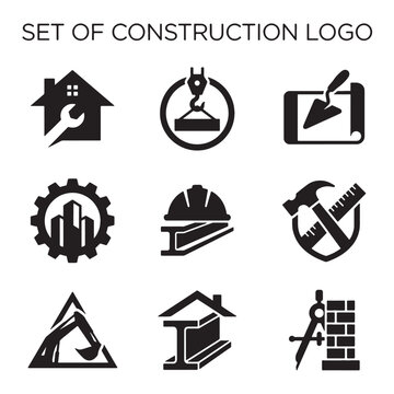 Comprehensive Set of Black Vector Construction Icons and Building Logos for Engineering, Architecture, Industrial Business Services, Perfect for Modern Design.