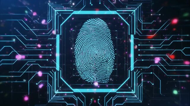 Digital fingerprint scan within a glowing circuit board network technology security - Powered by Adobe