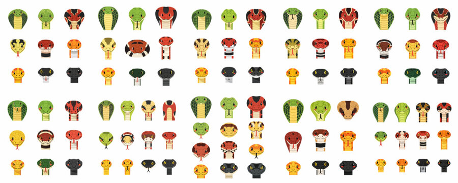 Collection of diverse cartoon snake heads and faces, including cobras, vipers, and pythons, featuring cute and colorful reptile avatars.