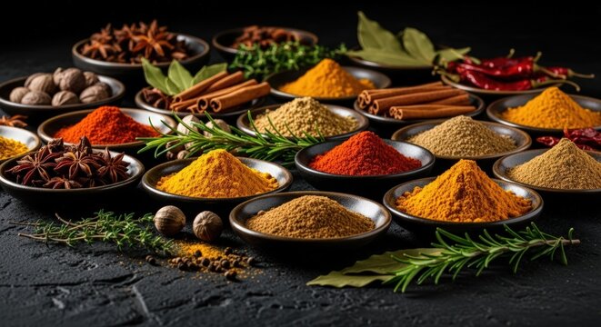 Variety of whole and ground spice in bowls, ideal for cooking, food preparation, and herbal medicine application. - Powered by Adobe