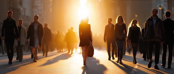 Sunrise Commute: Silhouetted against the morning sun, a multitude of individuals make their daily commute, creating a sense of collective purpose and urban rhythm.