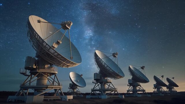 Array of Radio Telescopes Pointing Towards a Starry Night Sky with Milky Way astronomy space