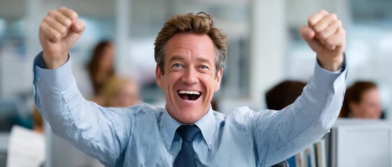 Office Triumph: Capturing the elation of achievement. A business man radiates success and exhilaration, arms raised in a gesture of victory. 