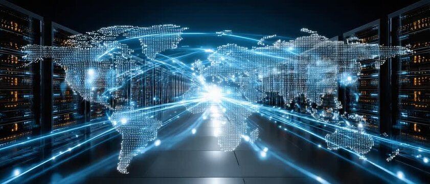 Global Network of Connectivity: This image showcases a detailed digital representation of the world map interwoven with network lines.