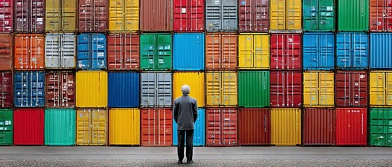 Shipping Container Enigma: An individual stands before a vibrant mosaic of shipping containers, each painted a different color, reflecting on the scale of global logistics. - Powered by Adobe