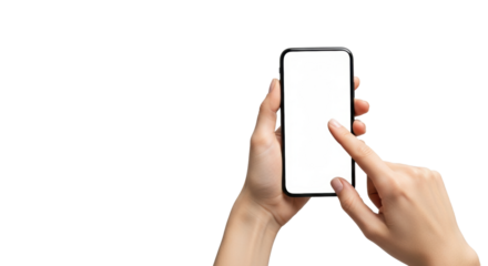 Light-skinned hands with manicured nails gently holding a sleek black smartphone vertically, finger poised to tap blank white screen, against a seamless light grey studio background, modern