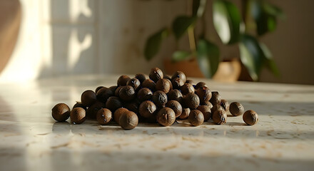 A pile of small brown nuts on a light surface with a plant in the background under natural light