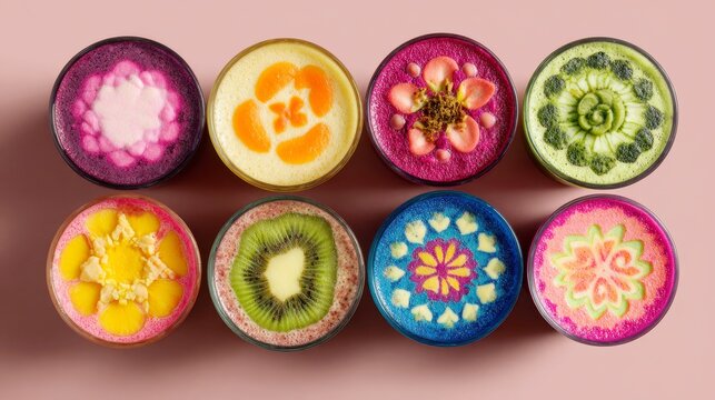 Vibrant artistic beverages with creative latte art displayed on a pink background