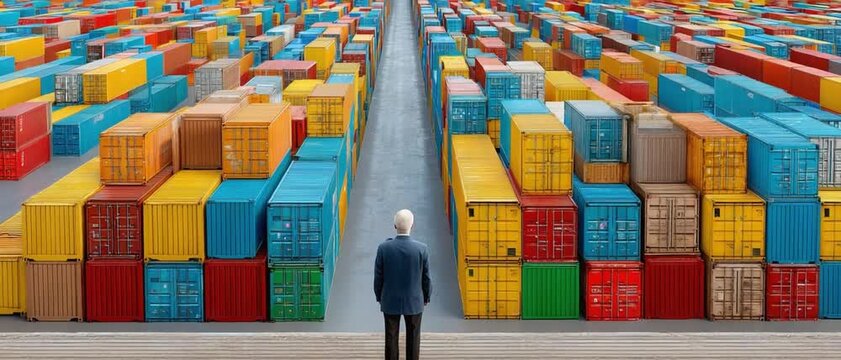 Man and Shipping Containers: A man stands dwarfed by a sea of colorful shipping containers. A symbol of global trade, business, and logistics.
