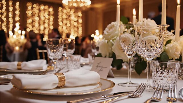 Upscale gathering setting with refined tablecloth, elegant gold place settings, and subtle sheen of silverware conveying understated luxury, refinement, exclusivity, and high end corporate.