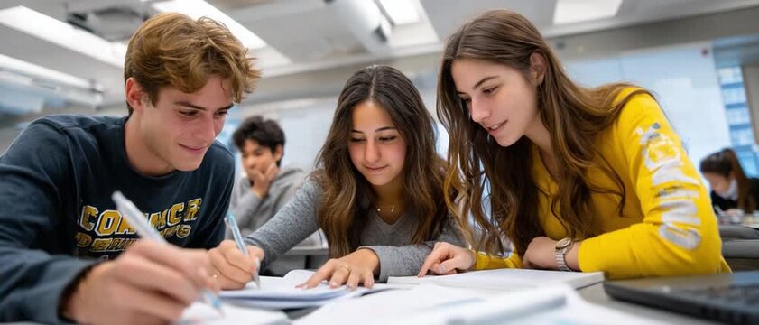 Collaborative Study Session: A group of students deeply immersed in collaborative learning, their faces alight with focus and determination, as they work together at a desk