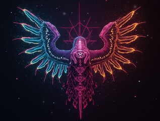 Abstract glowing phoenix angel spreading vibrant gradient wings