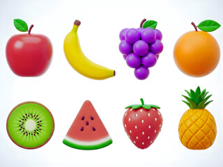 Vibrant 3d icons of fruits: kiwi, watermelon, strawberry, pineapple, apple, banana, grapes, orange