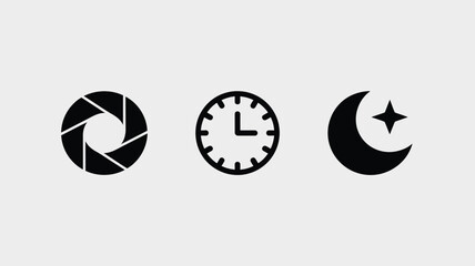 A set of three black icons featuring an aperture, a clock, and a crescent moon with a star shape