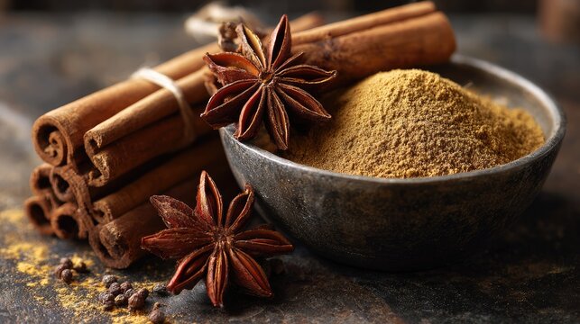 Close-up photo of spices displaying cinnamon sticks star anise and ground spice in a bowl, Generative ai
