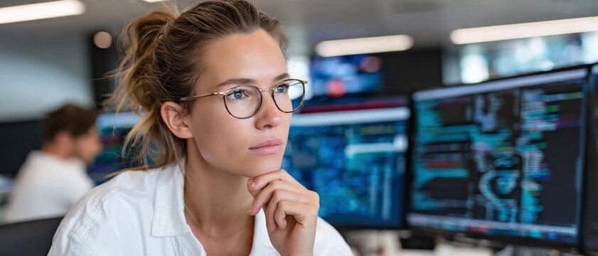 Focused Vision: A concentrated individual, bathed in the soft glow of monitors, meticulously navigates the complex landscape of technology, representing determination and expertise. 