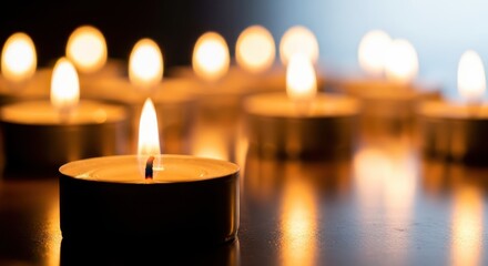 Row of glowing tea light candles burning in darkness
