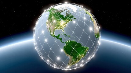 A digital representation of Earth from space, overlaid with a glowing grid of interconnected nodes, symbolizing global communication networks and technology.