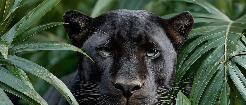 Shadowed Sentinel: A black panther, eyes fixed and resolute, emerges from lush foliage, embodying stealth and untamed majesty. 