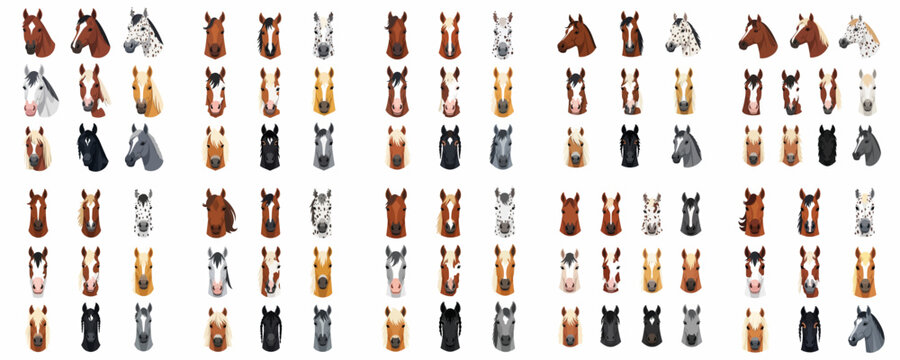 Large collection of diverse horse head portraits featuring various breeds, colors, and facial markings in a flat graphic illustration style, isolated on white.