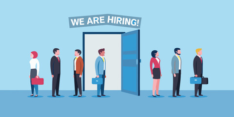 Diverse group of professionals waiting in line for job opportunities