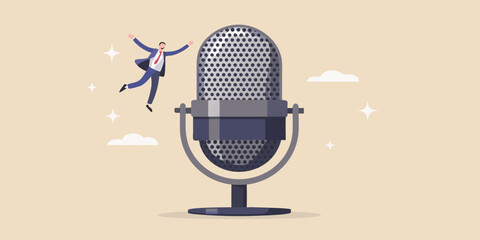 Man celebrating next to a vintage microphone with stars and clouds