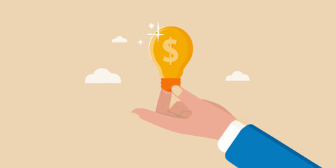 Hand holding a lightbulb with a dollar sign symbolizing financial ideas