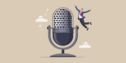 Excited businessman jumps for joy next to a vintage microphone