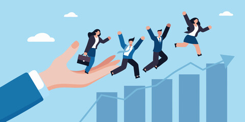 Business team climbs upward on helping hand over growth chart