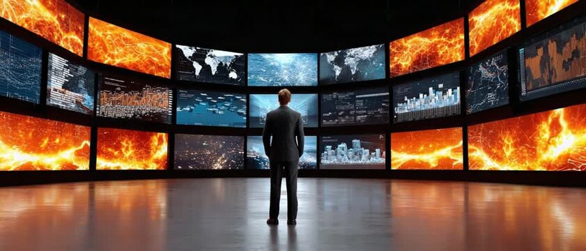 The Observer: A solitary figure stands before a dynamic array of digital screens, immersed in data, charts and the vibrant displays of a fast-paced technology world. 