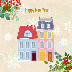 banner with snow cozy houses . card with frame of blooming christmas flowers. buildings with holiday flora on vintage background