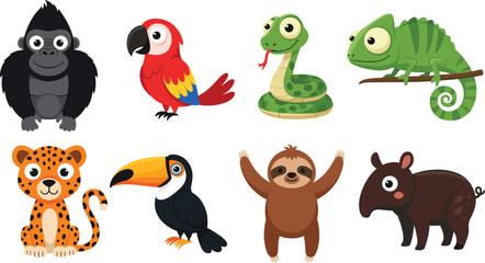Naklejka premium Cute Cartoon Jungle and Rainforest Animals Vector Set, Featuring Gorilla, Macaw Parrot, Snake, Chameleon, Jaguar, Toucan, Sloth, and Tapir for Children's Design