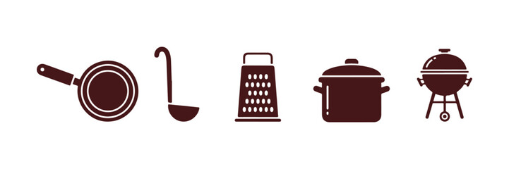 Cooking icon set featuring glyphs. Illustrations of kitchen utensils and food prep tools. Symbols include frying pan, pot, whisk, grater, ladle, and barbecue. Culinary tools for creating meals .
