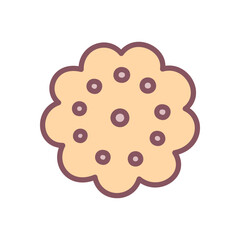 Cute cookie icon. Hand drawn illustration of a round cookie, sweet confection in gentle pastel colors. Kawaii sticker. Vector 10 EPS.