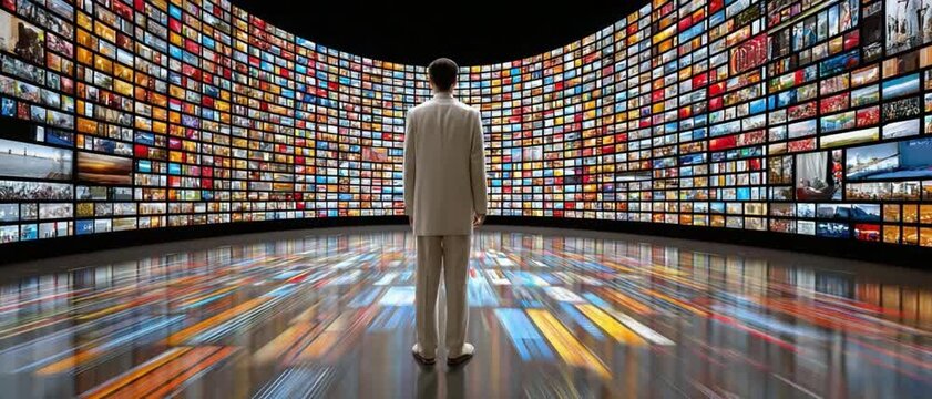 Data Overload: A person stands before a vast wall of streaming content, the sheer volume of data forming an immersive digital world.