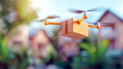 An orange delivery drone with a brown cardboard package attached is flying in the air over a blurred suburban neighborhood with houses and trees. The sun is shi