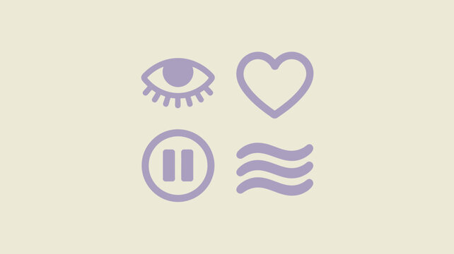Four pale purple icons arranged in a square on a pale background with an eye heart pause and waves