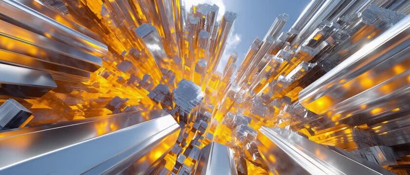 Geometric Abstract: A dynamic perspective of a geometric composition, featuring metallic structures with a burst of fiery orange and a glimpse of the blue sky.