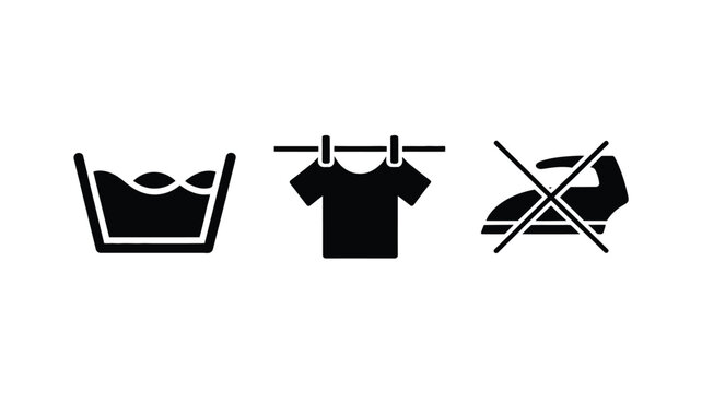 Three laundry symbols in black and white showing washing drying and no ironing for garment care guide