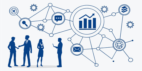 Business team connecting with global network for data driven growth, modern business people working together, business intelligence, strategy, network