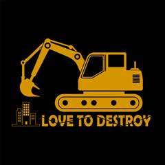 Love to Destroy: Excavator Digging Machine with City Buildings Icon Illustrates Demolition, Construction, and Power
