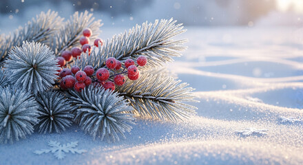 Frosted pine branches with red berries on sparkling snow background