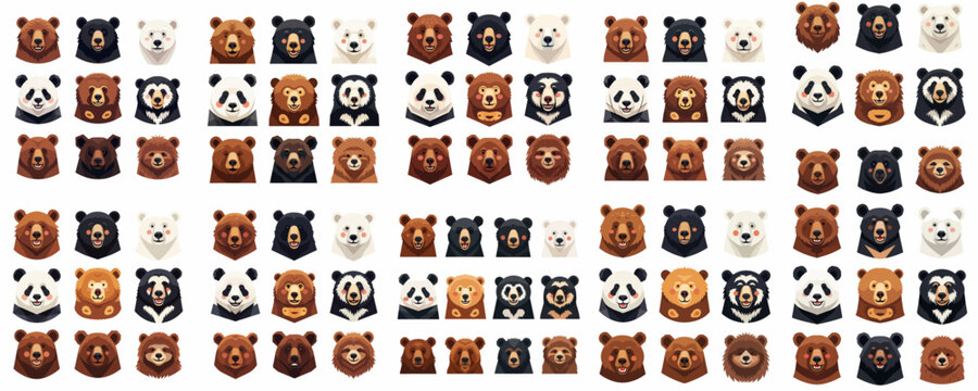 Large set of stylized bear heads vector illustration, featuring diverse species like grizzly, polar, black, panda, and sun bears on a white background.