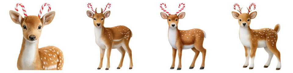 Fototapeta premium Whimsical christmas watercolor collection, A playful illustration of a fawn adorned with candy cane antlers, showcasing its charming features and youthful appearance.