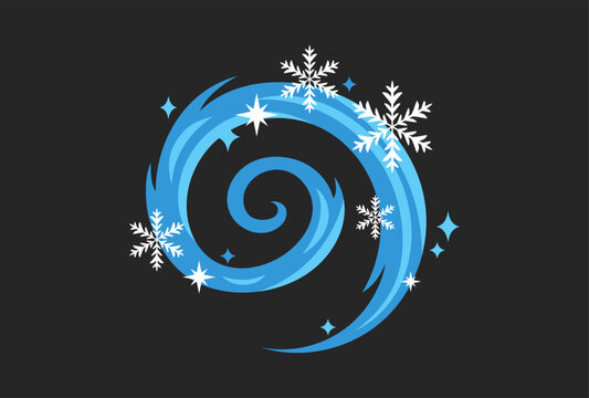 Snow swirl vector illustration, hand drawn winter element with cold wind, snowflakes and stars Xmas mood design