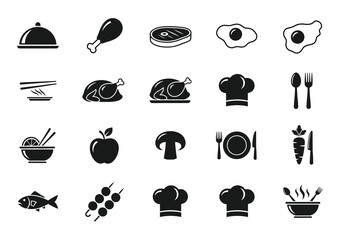 Collection of black and white food and chef icon set