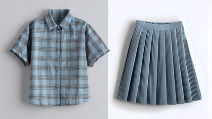A set of school uniform, consisting of a short-sleeved plaid shirt and a pleated skirt in a pale blue with a light gray check pattern, shown in a front view, flat lay on a white background